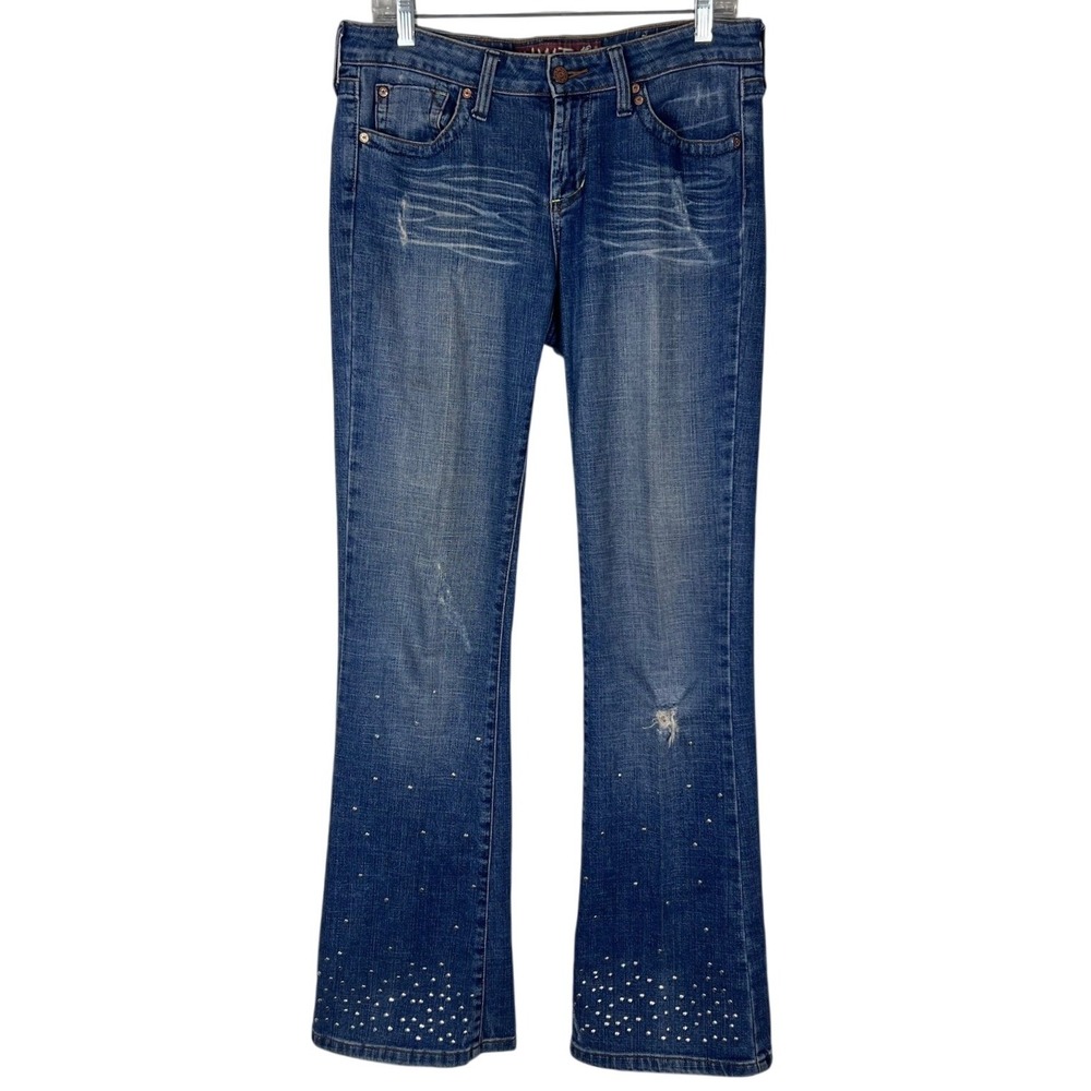 Y2K Bootcut Denim Jeans BOHO, Distressed Flare Embellished STUDDED‎ Size 9
